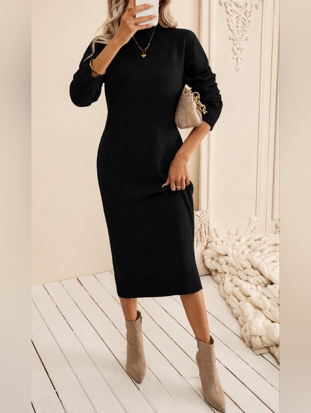 New Oversized Knit Sweater Midi Dress Long Sleeve Black